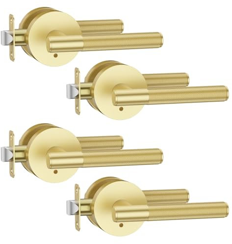 Asidrama 4 Pack Privacy Gold Door Handles, Door Lever with Door Knobs Indoor for Bedroom or Bathroom, Heavy Duty Brushed Gold Door Handles Interior with Locks for Left Right Sided Doors