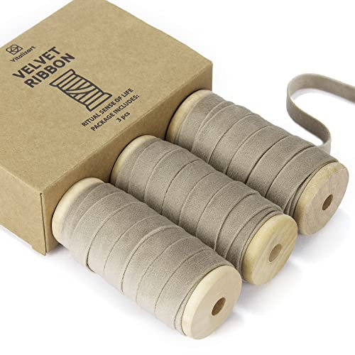 Vitalizart Kamel Samtband Set 0,95 cm x 13,7 m mit Hölzernen Spule, Stoffband 3 Rollen*4,57 m für Weihnachten Kranz Dekoration Handgemachte Handwerk Ornamente & Geschenkverpackungen
