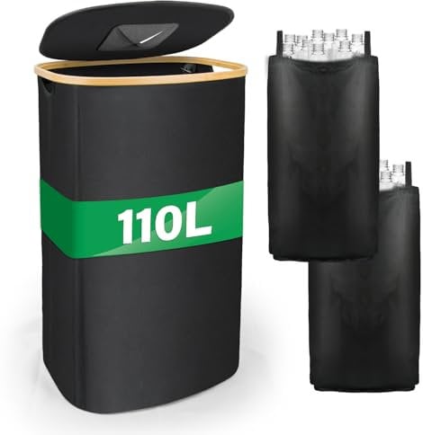 MOWETOO 110L Pfandflaschen Sammelbehälter mit Deckel & 2 abnehmbaren Tragetaschen, Groß Pfandflaschen Aufbewahrung, Behälter Leergut & Altglas Aufbewahrung, Küche Abstellraum Flaschentasche