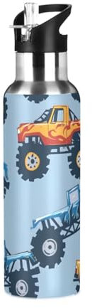 Monster Truck Cars Muster Wasserflasche Trinkflasche mit Strohhalmdeckel Isolierte Edelstahl Thermosflasche für Jungen Mädchen Gym Sport Auslaufsicher 600ml