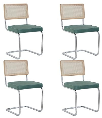 DEYARNA HOME Juego de 4 Sillas de Comedor, Sillas de Cocina Modernas con Respaldo de Caña, Sillas de Salón Tapizadas con Patas de Metal Cromado (Vert, Vellón Holandés)