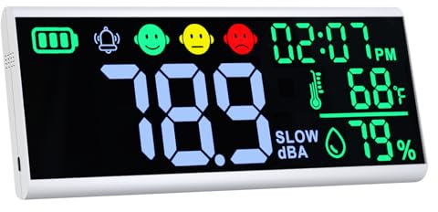 Decibel Meter 13 inches Sound Decibel Meter, Wall Hanging and Desktop Sound Level Meter Large LED Noise Meter Displays Decibel Time Temperature Humidity with Buzzer & Icons Alarm for Classroom Studio
