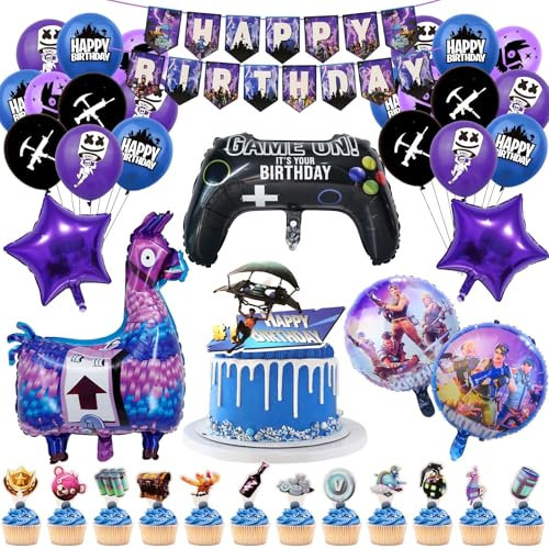 Geburtstag Dekoration, Fortnit Geburtstagsdeko 40 Stück Gaming Party Geburtstag Deko Partygeschirr Banner Folienballon Luftballon Kuchendeko Game Thema Geburtstagsparty Junge