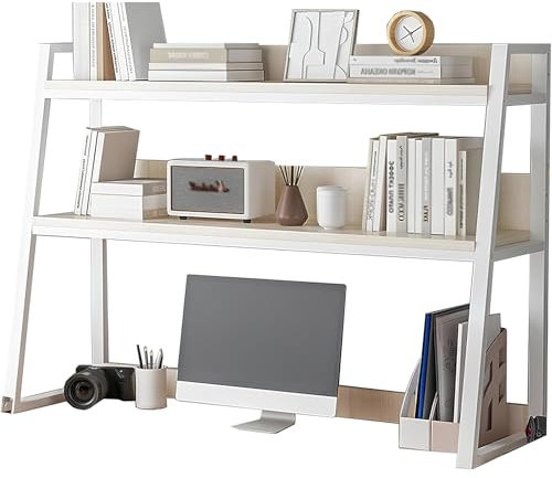White Desk Hutch with Ladder Shelf for Computer Desk Dorm Room Home Office Supplies