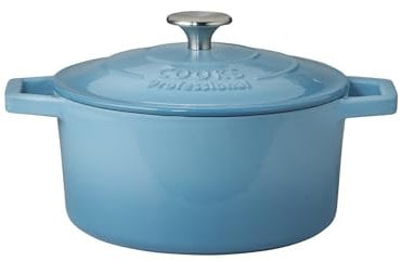Cooks Professional 20cm Cast Iron Casserole Dish 2.8L with Lid & Handles | Colourful Modern Design Enamelled Cooking Pan Pot | Suitable For All Hobs Inc Induction | Oven & Grill Safe | Blue