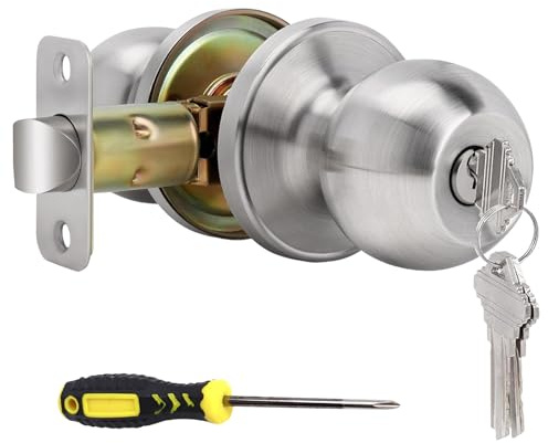 huifllyhui Türknauf mit Schloss und Schlüssel, Eingangstürknauf mit Schlosses und Schlüssel, Außen-/Innentürknauf für Schlafzimmer oder Badezimmer,Satin Nickel Türgriff Schloss (2, Silberfarben)