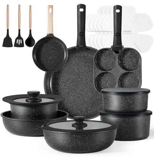 CAROTE 23pcs Detachable Handle Pots and Pans Set, Nonstick Cookware Set, Removable Handle Pots and Pans Non Stick, RV Oven Safe Cookware, Induction Kitchen Set, Black, Dishwasher Safe
