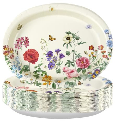 50Pcs Wild Flower Oval Paper Plates 10 x 12 Large Heavy Duty Disposable Fall Vintage Wildflower Platters Autumn Watercolor Floral Dessert Plates for Thanksgiving Dinner Birthday BBQ Party Supplies