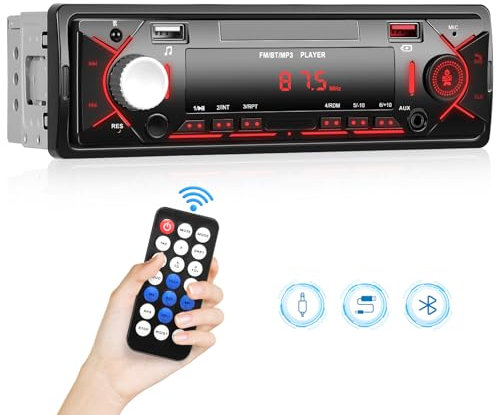 Radio Coche Bluetooth 1 DIN, Hodozzy Autoradio FM Bluetooth Manos Libres, Reproductor Mp3 Radio DIN 1 Reproducción y Carga USB, Aux, Reproductor Multimedia Coche 1 DIN con Mandos a Distancia