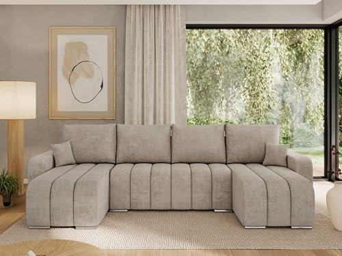 MKS MEBLE Sofa mit Schlaffunktion - Ecksofa mit Schlaffunktion und Bettkasten - Sofa 3 4 5 Sitzer - Schlafsofa - Couch - Schlafsofa mit Bettkasten - Kirasso U -Beige Struktur