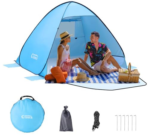 Tente de Plage Pop Up de Camping de Plage Automatique Protection UV 50+ Extra Light Tente Portable de Protection Solaire pour familles Camping Plage Jardin (Bleu, 2 Personnes)