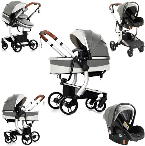 Veitoalioy PU-Leder Kinderwagen 3 in 1, Bequemer Multifunktionaler Kombikinderwagen 3 in 1 Komplettset, Aluminium Hohe Landschaft Babywagen, Faltbarer Kinderwagen Set (518 Grey)