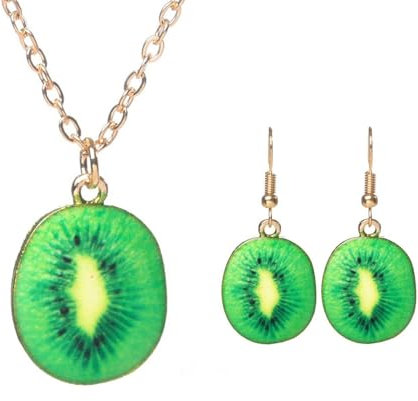 NYGGTYK 1 Paar Kiwi -Ohrringe Und 1 Stück Kiwi -Halskette, Kreativer Obstschmuck, Lustiger Schmuck, Kleidungszubehör