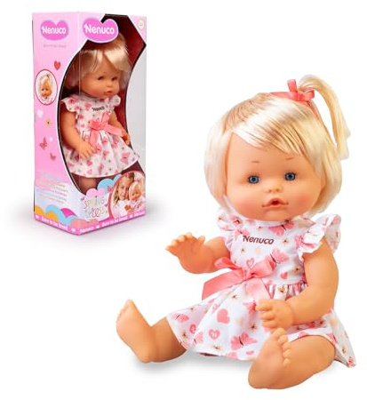 Nenuco Frühlingkleid, Baby Puppe von 35 cm, Harte Körper mit Haaren, Baby in einem schönen Frühlingskleid mit Schmetterlingen, Kann Trinken und pinkeln, Inklusive 1 Schleife, Famosa (NFNC0000)