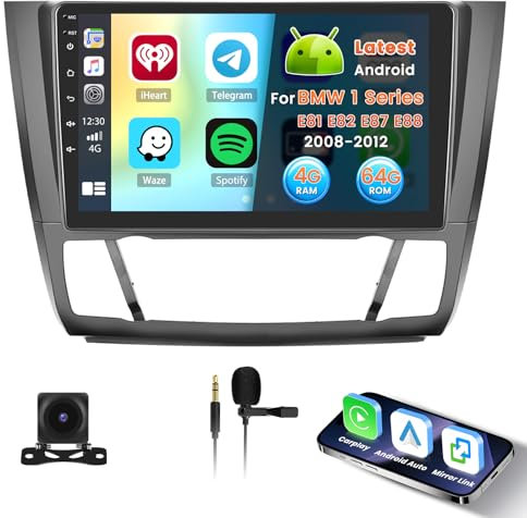 Inefala 4+64G Radio para BMW 1 Series E81 E82 E87 E88 2008-2012 Android 15 con Wireless Carplay y Android Auto, 9'' Pantalla Táctil Estéreo Radio con Dab Bluetooth 59UI HiFi GPS FM/RDS SWC AHD