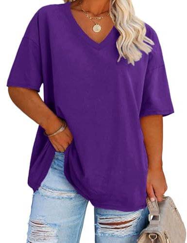 Fisoew Damen Große Größen T-Shirt Halbarm Shirt mit V-Ausschnitt Sommer Lose Basic Oberteil Oversize Kurzarm Baumwolle Tee Tops(Lila, XXL)