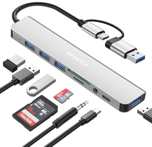 DEMKICO 8 in 1 Hub USB C con 4 Porte USB, Lettore Schede SD/TF, Jack Cuffie 3,5 mm, Porta Dati USB C, Compatibile con MacBook Pro/Air/XPS/Tablet/Smartphone e altro ancora (Argenteo)