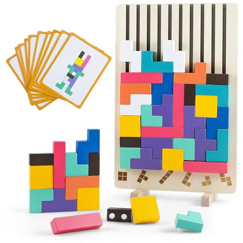Holz Steckpuzzle Bausteine, 42 Teile 10 Karten Montessori Spielzeug Geometrische Formen Zuordnungsspiel, Pädagogisches STEM Lerngeschenk für Kinder ab 3+, Knobelspiel für Logisches Denken Ungiftiges