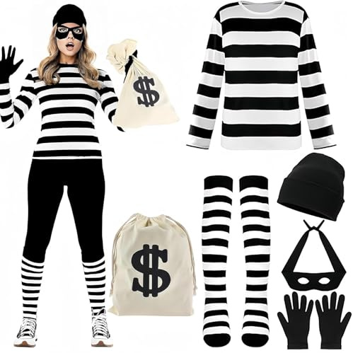 YeahBoom Bankräuber Kostüm Herren Damen,Dieb Kostüm,Erwachsene Räuber Kleidung Set mit T-Shirt Hut Augenmaske Handschuhen Geldbeutel,für Karneval Halloween Cosplay