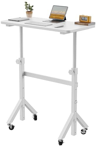 HUANUO Height Adjustable Standing Desk,6 Height Settings Up to 118cm,80x40cm Mobile Small Desk with Triangular Leg Design, Smooth Mobility with Lockable Wheels, Laptop Table