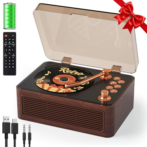 Gueray Retro CD Player Portable with Bluetooth & Speakers & Radio Walnut | CD-Player for Home with Remote Control Support USB/AUX Playback Headphone Jack