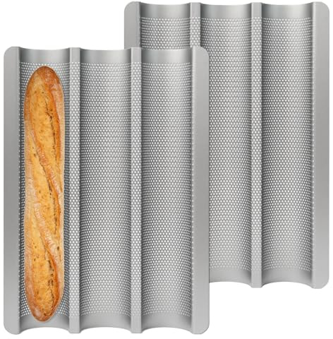 Pilikoll 2 Stück Baguette Backform mit Antihaftbeschichtung (38x27cm) | Baguette-Backblech für 3 Baguettes Brötchen, Backform aus Karbonstahl Brötchen Backform, für Stangenbrote Baguetteform