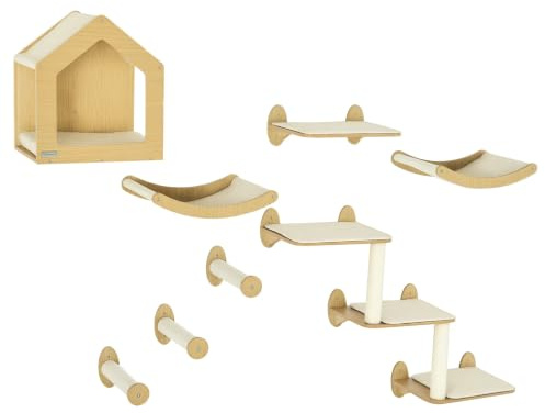 PawHut 8 Piece Cat Shelves Set, Cat Wall Furniture, Condo, Beige | Steps, 3 Perches, 3 Scratching Posts, Wall Mounted Kitty Tree, for Indoor Kittens