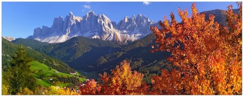 Wallario Memoboard aus Glas mit Motiv, Magnet-Tafel in 32 x 80 cm in Premium Qualität Herbst im Gebirgstal unter blauem Himmel