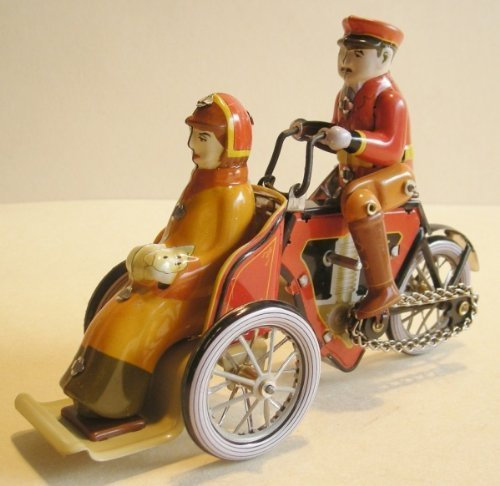 Motorraddroschke zum Aufziehen aus Blech, Blechspielzeug