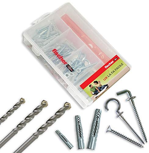 Fischer Kit Easy 89 pezzi, Tasselli UX con Viti Assortite e Punte Trapano per Fissaggio su Muro Pieno, Forati, Cartongesso e Lastre, 513432