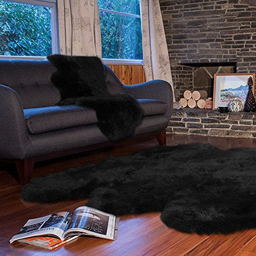 Reissner Lammfelle | Echtes Merino Schaffell | Naturform 6-Fach | hoch-/langflorig | Lammfell Teppich Kaminvorleger Bettvorleger Läufer | 180x160cm schwarz