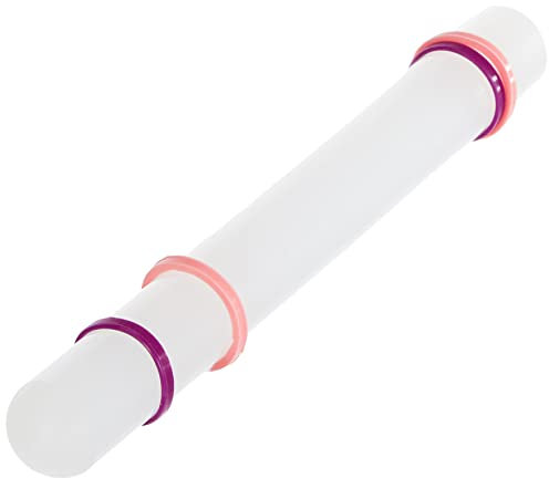 Dr. Oetker Ausrollstab 23cm, Küchenhelfer für gleichmäßiges Ausrollen von Fondant, Marzipan und Blütenpaste, inklusive 4 Silikon-Distanzringen, (Farbe: weiß/lila/rosa), Menge: 1 Stück