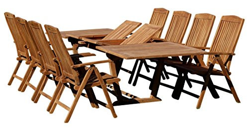 ALEOS. Teak Gartengarnitur Gartenset Set Tobago Ausziehtisch 200-250-300cm x 100cm mit 8X Hochlehner Sessel Stühle