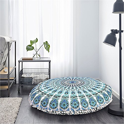 Darjii Pouf-Bezug mit Pfauenmotiv, blau, groß, Mandala, Heimdekoration, Kissenbezug, rund, Boho-Bettkissen, Baumwoll-Kissenbezug, Boho, rundes Bodenkissen