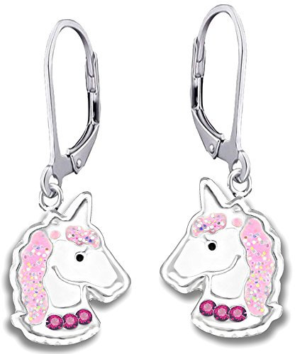 Mädchen Ohrhänger echt 925 Sterling Silber mit Zirkonia Glitzer Einhorn Pferde K236
