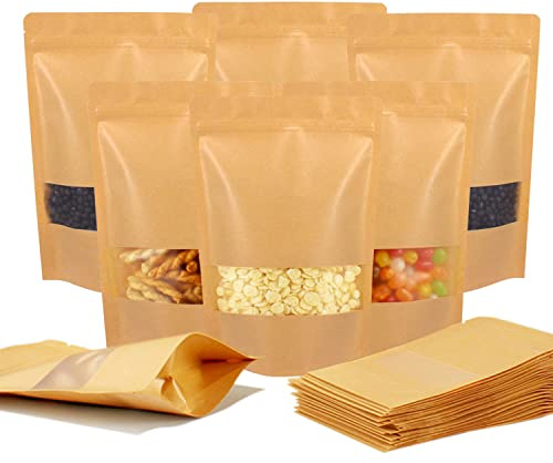 Belinlen 100pcs 18x26cm Self-Sealing Kraft Paper Bag with Window Resealable Kraft Stand Up Pouches Kraft Zip Lock Food Storage Bags Multipurpose for Dried Fruit Coffee Tea Seeds (7.08x10.27)