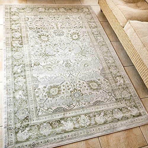 Traditional Antique Floral Sage Green Living Room Carpet Rug Olive Distressed Oriental Cream Classic Bedroom Hallway Kitchen Dining Room Floor Mat Rugs 160cm x 230cm