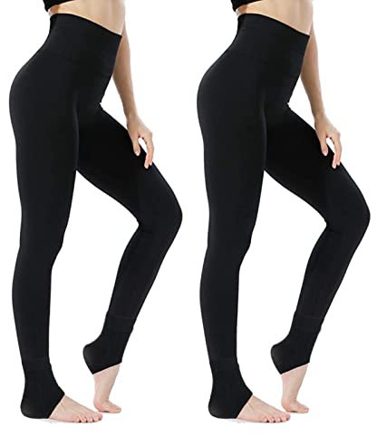 BINXWA Thermoleggins Für Damen, 2 pcs Leggings Damen Baumwolle, Winter Warme Women's Leggings high Waist mit Bauchkontrolle, Thermo Leggings schwarz Fleecefutter (S Szie Geeignet für 40kg bis 55kg)