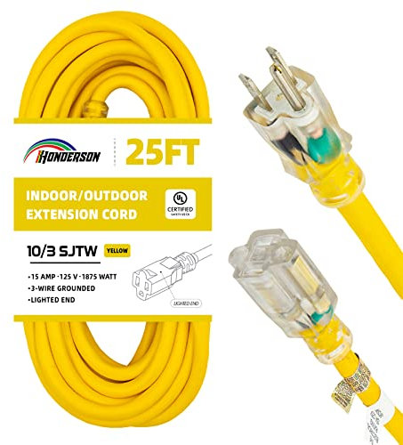 HONDERSON 25FT Lighted Outdoor Extension Cord - 10/3 SJTW Heavy Duty Yellow Extension Cable with 3 Prong Grounded Plug for Safety,UL Listed