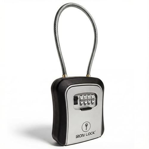 Iron Lock® Key Lock Box Portable with Cable Shackle & Wall Mount – Waterproof Metal Lock Box for Keys with 4-Digit Combination & Resettable Code – Indoor/Outdoor Key Safe (Grey, Medium)