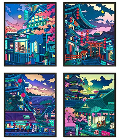 DALIHEBO Anime-Poster, japanische Wandkunst, Dekoration, Neon-Nachtszene, Wandkunst, Geschenk-Set, 4 Stück (20,3 x 25,4 cm, ungerahmt)
