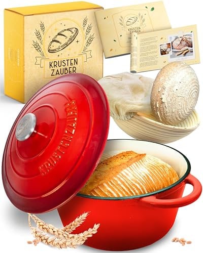 KRUSTENZAUBER Pentola in Ghisa Con Cestino per Lievitazione - Smaltata di Alta Qualità 26 cm - Ideale per Cuocere il Pane e Accessori da Forno