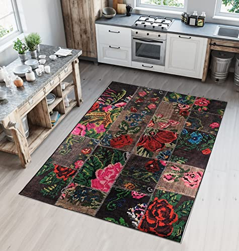 Pasha Home Küchenteppich 120x180 cm Flowers Patchwork bunt/Küchenläufer waschbar bei 30°C/Küchenläufer rutschfest und pflegeleicht/Teppich für Küche, Flur, Schlaf- oder Wohnzimmer