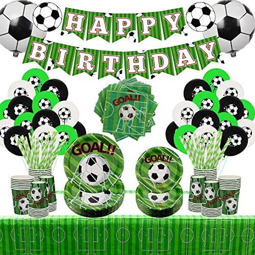 Las decoraciones de fiesta de cumpleaños de fútbol sirven para 40 invitados, incluyendo pancarta de fiesta de de fútbol, ​​platos llanos, platos de postre, vasos, servilletas, mantel, globos, pajitas