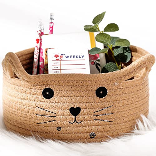 Kleiner Aufbewahrungskorb Geflochtener Korb mit Katzenohren Dekorativ Haustier Baumwollseilkorb für Geschenke Katzen Spielzeugeimer für Kinderzimmer Kinder, 8,3 Zoll L x 4,7 Zoll H (Khaki)