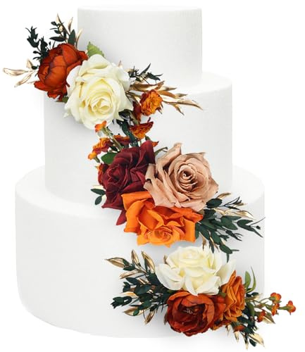 Rinlong 3 vorgefertigte Kuchendekoration, Blumen für Kuchendekoration, Boho, gebranntes Orange, Herbstkuchenblumen für Hochzeit, Taufe, Geburtstag, Party, Brautparty, Babyparty