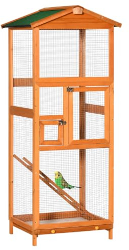 PawHut 65-Zoll Holzvogelkäfig Außenvoliere, Orange | für Papagei, Sittich, mit herausziehbarem Tablett, 2 Türen