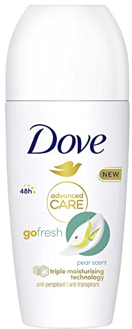 Dove Deodorant Roll On Advanced Care Pear and Aloe, Antiperspirant, Gentle Formula with Triple Moisturising, Protection for up to 48 Hours, Deodorant for Men and Women, 50 ml