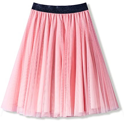 Jupes en tulle midi élastique taille haute en maille plissée fluide trapèze jupe tutu longue, 226 Rose, Taille L
