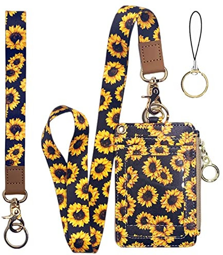 bolimoss Sunflower Id Badge Holder with Lanyard, Cute Name Badge Holder,Flower Lanyard with Wallet,Zip ID Case with Lanyard for Work Office Nurse Medical Student Teacher Women